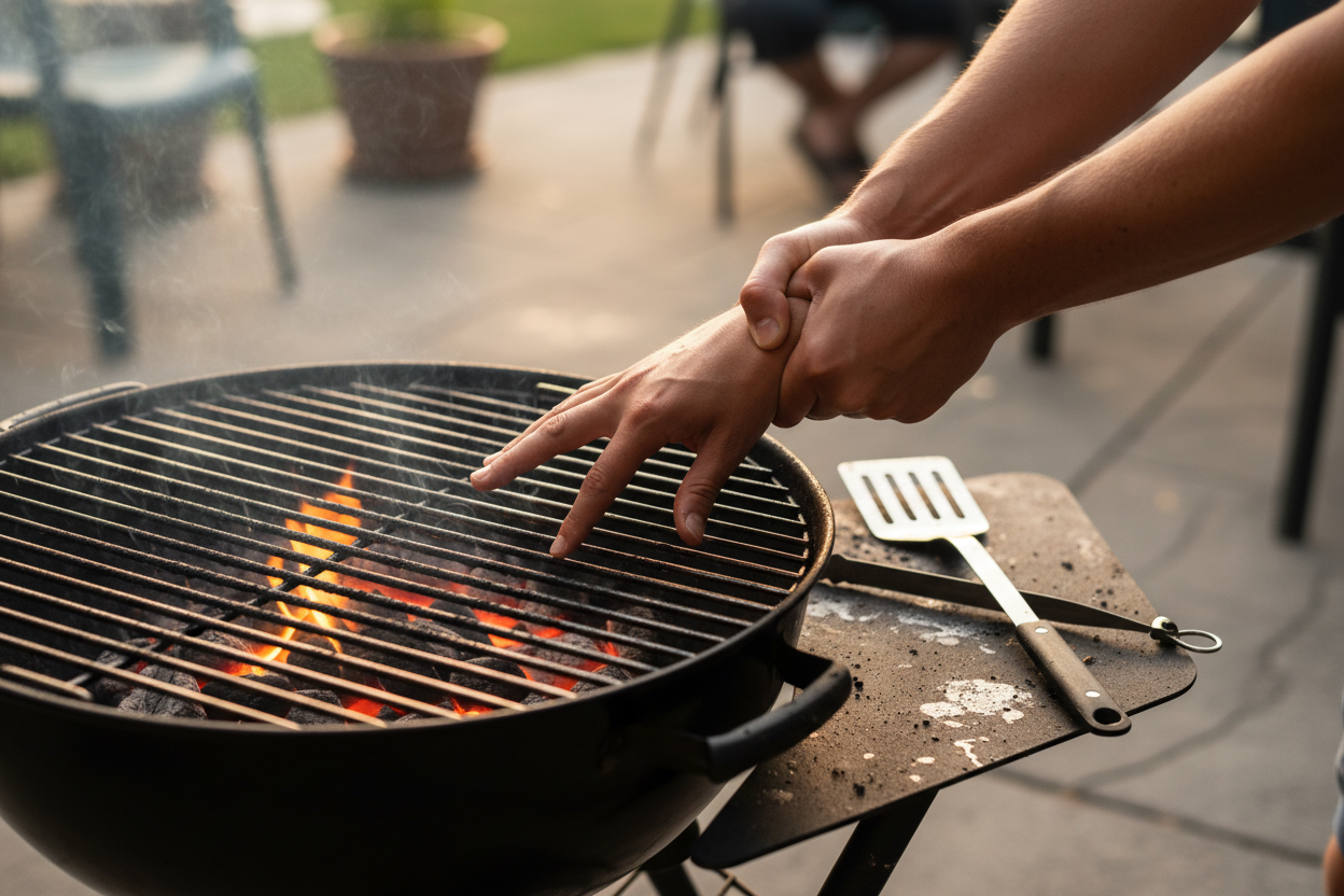 A bbq grill with someone about to touch the hot grill while someone pull their hand away last second